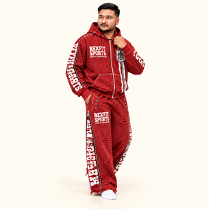 Rexfit sports 2026 Custom Custom Men’s <b>Red</b> Distressed Tracksuit Graphic Zip Up <b>Hoodie</b> and Wide Leg Pants Oversized Hip Hop - Product Image 3