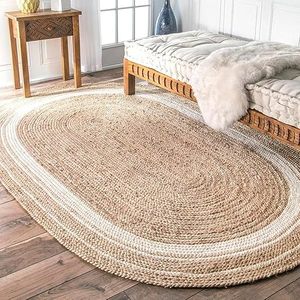 Natural Oval Jute <b>Rug</b> with White Stripes – Handwoven Boho Area Carpet for Living Room, India <b>Rug</b> Manufacturer - Product Image 1