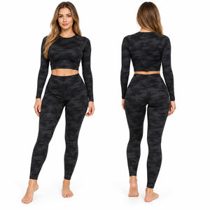 <b>Camo</b> Printed Women Crop Top & <b>Leggings</b> Full Sleeve Crop <b>Leggings</b> Set Fitness Wear Full Length Crop <b>Gym</b> Workout Set Ladies - Product Image 2
