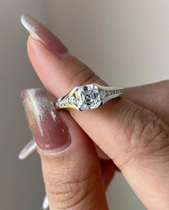 Lab Grown 2 Carat Asscher Cut Diamond Engagement Ring <b>Set</b> <b>Square</b> Solitaire Ring with Half Eternity Band Bridal Wedding <b>Set</b> - Product Image 5