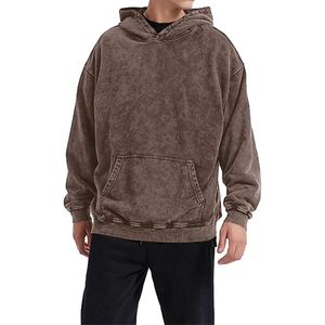 Sweat à capuche vintage marron foncé délavé à l'acide pour homme, coupe ample streetwear, épaules tombantes, effet vieilli, tissu épais - Product Image 3