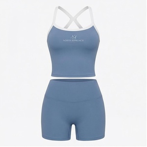 Ensemble de yoga 2 pièces North Approach : Crop top à bretelles croisées et short taille haute, bleu uni, respirant, sans coutures, vêtements de sport - Product Image 1