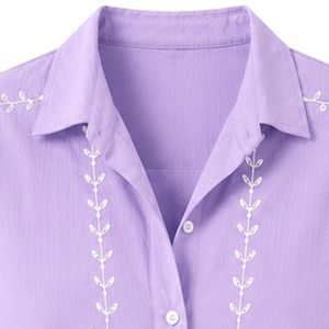 Camisa Corta de Mujer con Bordado de Lavanda Personalizado, Blusa Casual de Verano con Botones y Manga Corta, Mezcla de Lino con Logotipo Personalizado - Product Image 5