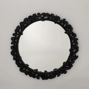 Black Leaf Shaped Design Edge Round Mirror Perfect For Living Room Wall Decor Adds Natural Inspired Elegant Look From India - Product Image 1