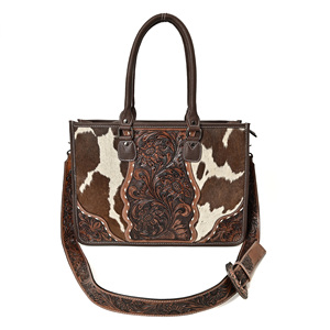 Western Cowhide Leather Tote Bag with Floral Tooled Design Adjustable <b>Shoulder</b> <b>Strap</b> for Women - Product Image 1