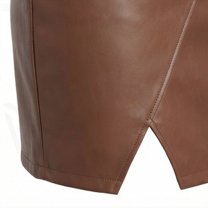 Women High Waist Faux Leather Mini Skirt <b>Asymmetrical</b> Design With Slit Solid Color Shiny Style All Seasons Wear - Product Image 5