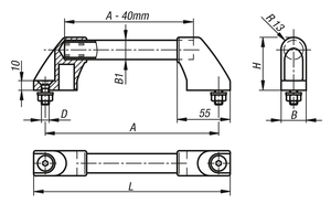 K0210 Asas tubulares de aluminio, con anchas patas de agarre de plástico inclinadas por ambos lados, perfil redondo de 20 mm, montaje frontal - Product Image 4