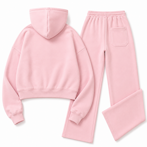 Ensemble de survêtement deux pièces OEM pour femme, rose, avec veste à col montant et pantalon de jogging à jambes larges, en coton, zippé, personnalisable avec logo, vente en gros - Product Image 4