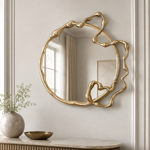 Modern Gold Round Wall Mirror Abstract Sculptural Frame Decorative Mirror For Living Room Bedroom Wall Decor - Product Image 3