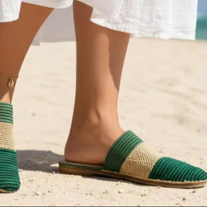 Handmade Green Raffia <b>Slippers</b>, Moroccan Summer Sandals - Product Image 1