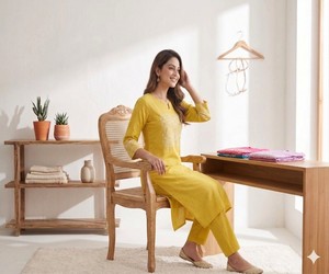 TRENDING TESLA SILK EMBROIDERY WORK CO-ORD <b>SET</b> DAILY WEAR WHOLESALE PRICE ETHNIC GARMENT YELLOW - Product Image 3
