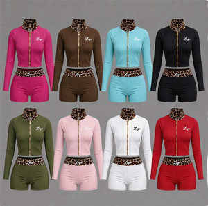 2026 Women Summer Clothes Set Custom Leopard Cheetah Print Cropped <b>Jacket</b> Streetwear <b>Workout</b> Sets for Women Two Piece Shorts Set - Product Image 1