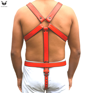 Adjustable Chest and Waist Straps With Black Metal Buckles Fashion Streetwear & Costume Gear Red <b>Leather</b> Body <b>Harness</b> For Men - Product Image 3