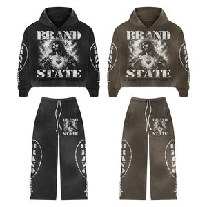 Chándal Unisex de Tela Gruesa Color Marrón con Lavado Ácido |   Conjunto de Sudadera con Capucha y Pantalones |   Entrenamiento de jogging personalizado OEM - Product Image 1