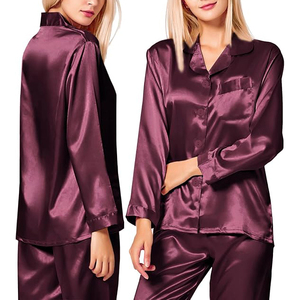 Conjunto de Pijama de Satén para Mujer, Manga Larga, Color Sólido, Elegante, Cuello Camisero, Cierre de Botones - Product Image 2