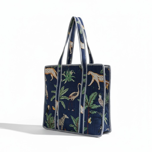 EcoDari Lightweight Quilted Hand Block Print Zipper Closure Cotton Tote <b>Bag</b> for Women Eco-Friendly <b>Large</b> <b>Beach</b> <b>Bag</b> Navy Jungle - Product Image 1