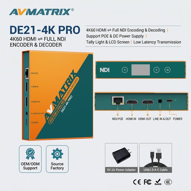 AVMATRIX DE21-4K PRO 4K HDMI NDI Bi-directional Encoder Decoder 4K60 Full Bandwidth PoE for Live Streaming Broadcast