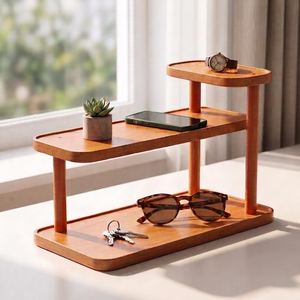 Wooden Double Tier <b>Storage</b> <b>Rack</b> Rectangular Minimalist Design Standing Type for Living Room Sundries Organization - Product Image 3