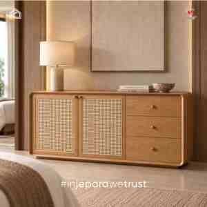 Aparador Moderno de Madera de Teca Sólida con Ratán, 3 Cajones, Puerta de Mimbre, Mueble de Almacenamiento para Hotel, Sala de Estar, Comedor - Product Image 1
