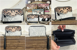 Handmade Stylish Hair on Cowhide <b>Leather</b> Long Wallet Purse <b>Tooled</b> <b>Leather</b> Eagle Design Zip Around Wristlet Clutch for Women's - Product Image 3
