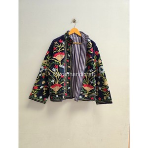 Blazer Floral Bordado para Mujer con Cuello Mao, Chaqueta de Algodón Hecha a Mano, Temporada de Otoño, Largo Regular, Manga Larga - Product Image 1