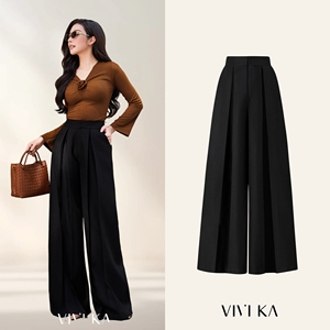 Pantalon plissé large taille haute noir élégant et moderne pour femme, décontracté, pour le bureau, en Spandex/Polyester, anti-plis, ODM NERINA - Product Image 1