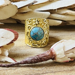 High Demand Turquoise Brass <b>Ring</b> 18K <b>Gold</b> Plated Filigree Texture <b>Ring</b> <b>Cocktail</b> Boho Floral Wholesale <b>Ring</b> For Women Chunky <b>Ring</b> - Product Image 1