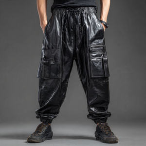 Pantalones Cargo Holgados de Cuero para Hombre, Cintura Alta con Cordón Ajustable, Cuero PU, Estilo Urbano, Personalizables, Múltiples Bolsillos - Product Image 1