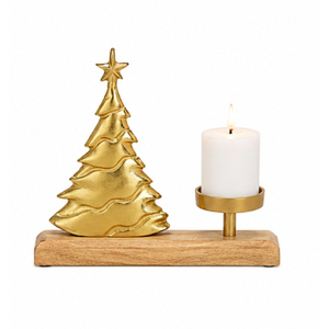 Décoration de Noël antique, porte-bougie en métal en forme d'arbre, support en aluminium doré de qualité supérieure avec base en bois de manguier pour ornement de table - Product Image 1