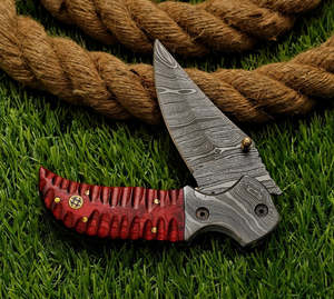 UA Supplies Industrial Grade Hand Forged Damascus Steel Clip Point Liner <b>Lock</b> Folding Pocket <b>Knife</b> Sculpted Wooden Handle - Product Image 2