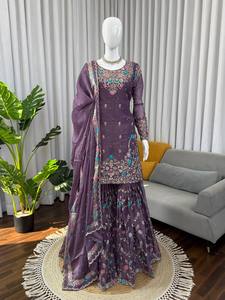 Traje Anarkali Sharara de Seda Bordada JMC para Mujer con Dupatta Bordada en 4 Lados, Colección Premium - Product Image 1