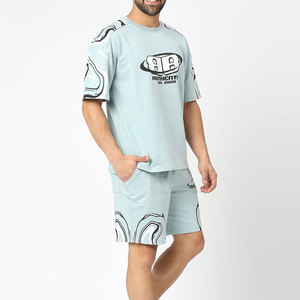 Ensemble t-shirt et short décontracté bleu clair pour homme, col rond, imprimé, tenue d'été, tissu tricoté respirant - Product Image 3