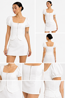 Ensemble jupe deux pièces tendance pour femme en 100 % coton, col carré, manches bouffantes, mini-jupe, fermeture éclair avant, couleur unie, vente en gros sur mesure