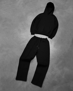 Conjunto de Sudadera con Capucha y Pantalones Deportivos Unisex Negros, Manga Larga, Color Sólido, Corte Holgado Informal, Pantalones con Cordón, Ropa de Otoño - Product Image 1