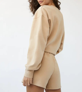 Women Casual Loose Fit <b>Sweatshirt</b> Set Solid Color Crew Neck Full Sleeve Shorts 100% Cotton Breathable Summer Outfit - Product Image 3