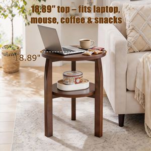 Table d'appoint ronde en bois de caoutchouc massif avec étagère de rangement à 2 niveaux, petite table de chevet pour salon et chambre à coucher - Product Image 4