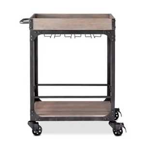 Chariot de rangement roulant à deux niveaux avec cadre en métal noir, étagères en bois, chariot utilitaire mobile, organisateur industriel moderne - Product Image 2