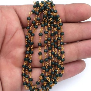 Chaîne de chapelet en perles d'émeraude hydrofuges, perles rondes facettées de 3 mm, chaîne enroulée de fil plaqué or pour la fabrication de bijoux - Product Image 1