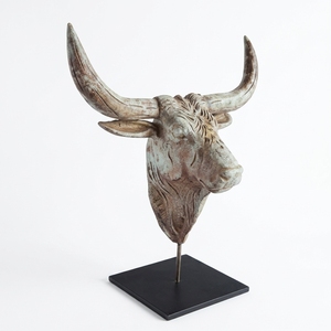 Bull Suge Stand Handcrafted <b>Wooden</b> Animal Head Sculpture <b>Rustic</b> Tribal Tabletop Decorative Artwork Metal Stand Home Decor Accent - Product Image 1