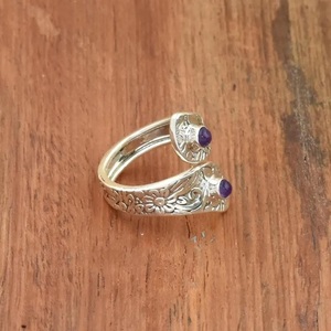 Bague ajustable en argent sterling 925 avec double pierre d'améthyste naturelle, texture florale, bijou bohème tendance pour femme - Product Image 6