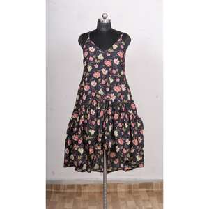 Robe moulante mi-longue en coton pur tricoté, écologique, à col en V, imprimé floral numérique et volants, pour femme - Product Image 1