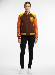 Chaqueta Varsity Premium para Mujer de Lana y Cuero - Marrón, Amarillo y Naranja con Logotipo SQS - Product Image 2