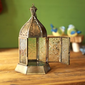 Hexagon <b>Brass</b> & Glass <b>Lantern</b> with Embossing Printing Durable Finish for Home Decoration - Product Image 1