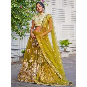 Ravishing <b>Green</b> Mirror Embroidered <b>Net</b> Lehenga Choli for Wedding Reception - Product Image 2
