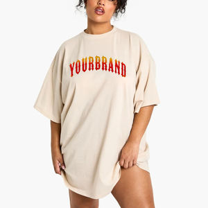 Customized Women's Oversized Crew Neck T-<b>Shirt</b> Beige Short Sleeve Loose Fit 100% Cotton Jersey <b>Flame</b> Logo Print All Seasons - Product Image 1