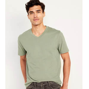 Camiseta de algodón de manga corta con cuello en V para hombre, color liso, ajuste holgado, estilo casual, verde oliva, tejido de punto tipo jersey, 220g, lavado frontal - Product Image 2