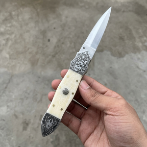 Custom OEM Stainless Steel Push Button Straight Clip Point Folding Pocket <b>Knife</b> Handmade <b>Bone</b> <b>Handle</b> EDC Hunting Fishing - Product Image 2