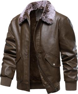 Men Brown PU Leather Nonwoven Bomber <b>Jacket</b> with Fur Collar Zipper Front Windproof Autumn Moto <b>Biker</b> Style - Product Image 2