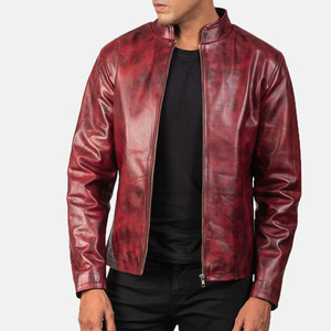 Veste en cuir véritable rouge vintage pour homme, veste de motard personnalisée, col montant, coupe ajustée, veste en cuir décontractée et tendance, OEM ODM - Product Image 1