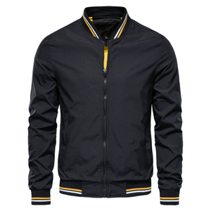 Blouson bomber bleu marine pour homme avec garniture rouge et blanche, fermeture éclair, vêtement décontracté d'automne, coupe classique, matière polyester - Product Image 2
